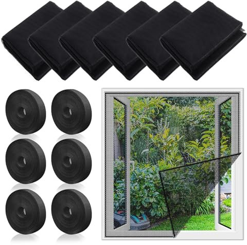 6 Pcs Zanzariera Universale Finestra,Zanzariera per Finestra Adesiva,150 * 130CM Rete Zanzariera Fissa Regolabile,Insect Stop Zanzariere,Con 6 Rotoli di Nastro Senza Necessità di Forare Nera