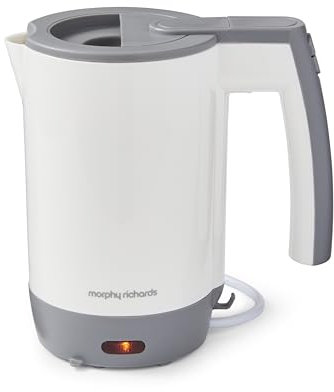 Morphy Richards Compact Travel Jug Kettle, 0.5L, Dual Voltage, Lightweight, Auto Switch Off, Boil Dry Protection, Hinged Lid, Fits Small Spaces and luggage, includes 2 Cups, White and Grey, 107001