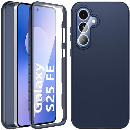 Fin2feel für Samsung Galaxy S25 FE Hülle, 360 Grad Rundumschutz Stoßfest Schutzhülle mit Eingebautem Displayschutz, Liquid Silikon TPU Bumper Robust Cover Case handyhülle für Samsung S25 FE, Blau