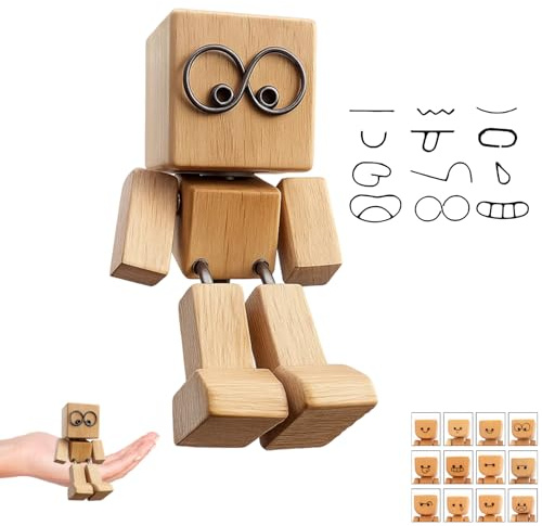 Wackelndes Holzmännchen, Schüttelmann Holz Mit 12 Magnetischen Gesichtsausdrücken, Wackelnde Holzfigur Für Auto Armaturenbrett Und Schreibtisch, Bewegliches Holzmännchen Als Originelles Geschenk