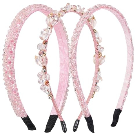 CXNXFD 3 Stück Rosa Kristall Haarreifen mit Strass Haarschmuck Kristall Stirnbänder Glitzer Strass Haarband 1,2/1,5/ 2cm Damen Prinzessin Haarreif für Hochzeit Kommunion Karneval