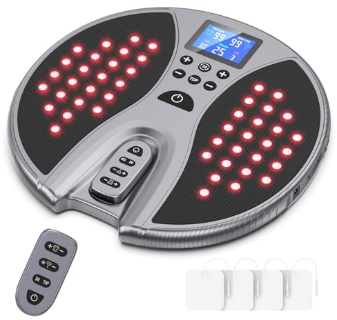 Neuer EMS Fußmassagegerät mit Rotlichttherapie – Durchblutungs-Stimulator für Beine, Neuropathie & Muskelschmerzen, TENS Gerät mit 8 Elektrodenpads für Knie, Waden und Füße