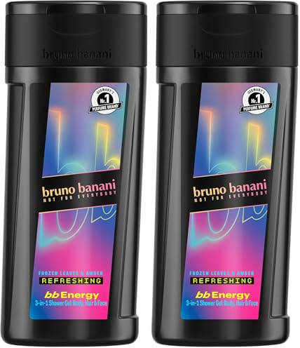 bruno banani bb Energy Duschgel, 3-in-1-Formel für Gesicht, Körper und Haare, vegane Formel, dermatologisch getestet, frei von Tensiden auf Sulfatbasis, 250 ml (Packung mit 2)
