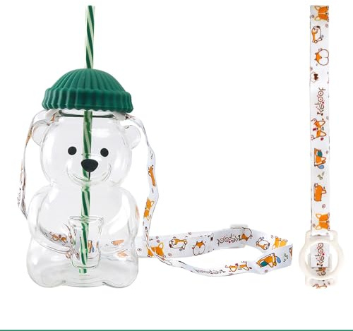 Bukecagif Bear Cup, Trinkbecher Mit Deckel Und Strohhalm und Trinkbecher Mit Strohhalm, Teddy Glas Bärchen Tasse Aesthetic Süße Tassen