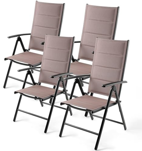 LIFERUN Gartenstühl Hochlehner, 4er Set Balkonstuhl mit Gesteppte,Aluminium | 7-Fach Verstellbar,Bis 120 kg, Kissen Rückenlehne Sitzfläche, Outdoor Esszimmerstuhl, Armlehnen Klappstuhl, braun, 4 PCS