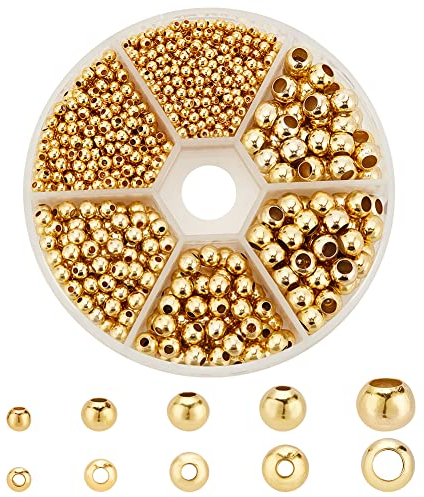 PandaHall 1430pcs Goldene Abstandsperlen, 5-Größen Messing Runde Glatte Perlen Abstandshalter Separate Perlen Spacer Beads Lose Metallperlen für Armband Halskette Schmuck Herstellung Supplies
