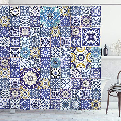 ABAKUHAUS Blau Duschvorhang, marokkanische Oriental, Stoffliches Gewebe Badezimmerdekorationsset mit Haken, 175 x 200 cm, Violettblau Senf