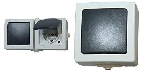 Kopp Nautic Steckdose und Schalter Kombination für Feuchtraum, IP44, 250V (16A), Aufputz Schutzkontakt - grau & Nautic Universalschalter (Aus- und Wechselschalter), Aufputz,250V (10A), IP44, grau