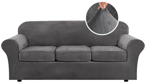 H.VERSAILTEX 4 Pieces Thick Velvet Sofa Covers Couch Covers for 3 Cushion Couch Sofa High Stretch Slipcovers Furniture Protector Form Fit Luxury Couch Cover for Dogs Width Up to 90 Inch(Sofa,Grey)