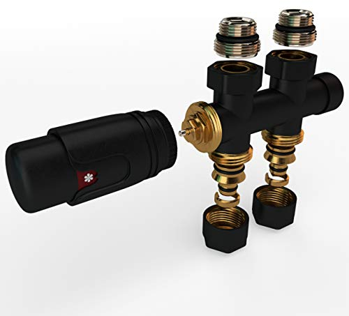 Design Multiblock für Heizkörper – Mittelanschluss-Set in Durchgangsform Schwarz mit 50 mm Nabenabstand – Hahnblock, Thermostatventil, Anschlussarmatur für Kunststoff- und Kupferrohre
