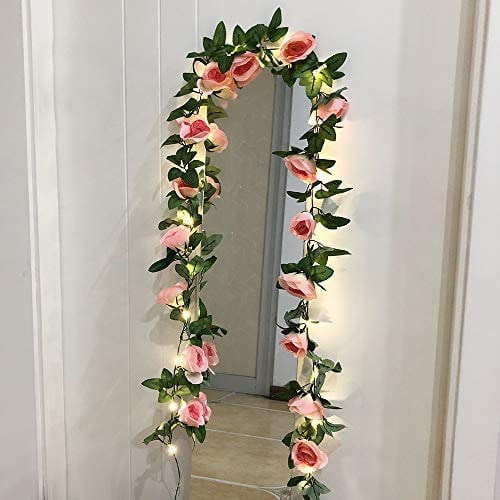 GUOCHENG Novelty 2.45M Rose Garland String Lights Artificial Flower Vine with LED Fairy Copper String Lights for Christmas Wedding Party Home Decorations-Blush