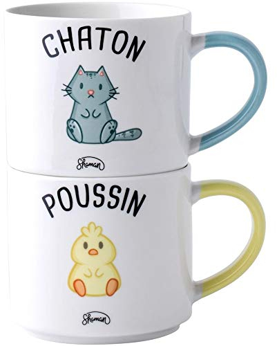 Le Fabuleux Shaman 40-2X-012 Mugs Duo Empilables Chaton Poussin Set de 2 Assortis Blanc Gris et Jaune Céramique D14 x H17,5 cm