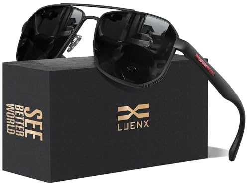LUENX Aviator Sunglasses for Men Square Polarized Polygon Lens - UV 400 Protection with Accessories Driving Outdoor 61MM Black Lens