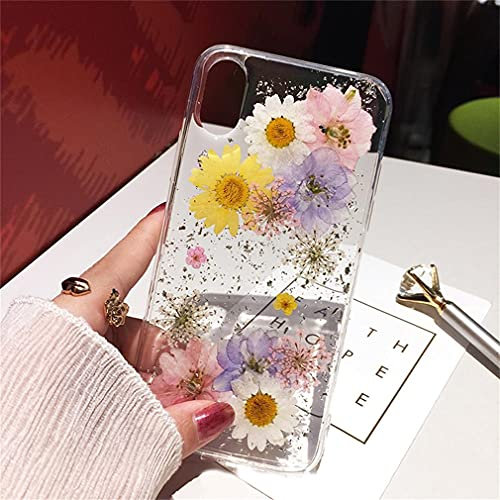 Sitthyw Compatible with iPhone 11 Case Real Flowers Mobile Phone Case Transparent Shiny Glitter Crystal Protective Case Clear Dried Flowers Soft Back Case Cover for iPhone 11