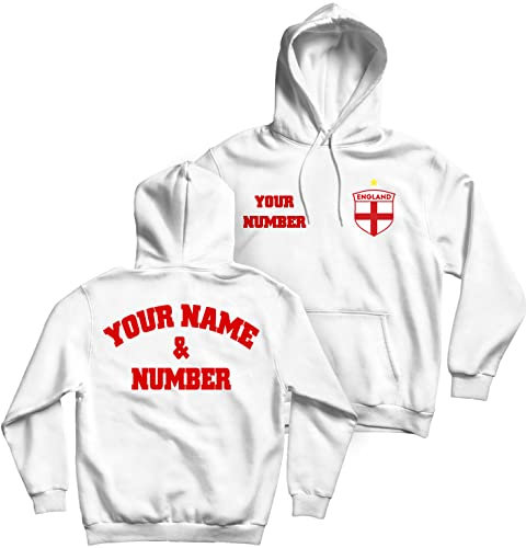 lepni.me Hoodie Sweatshirt England Football Shirt With Your Name and Number - England Flag Badge Personalised Retro Custom Top World Cup 2022 European Football Championship Fan (S White Multi Color)