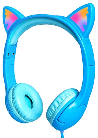 Stereo Kids Headphones for School, Wired On-Ear Headphone with 85dB Volume Limited, Lightweight Cat Ear earphones Online Learning with Shareport for Toddler/Boys/Girls/Laptop/Tablet/Travel - Blue