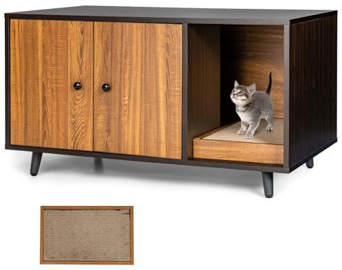 COSTWAY Meuble Litière Chat en Bois, Cache Double Porte 3 en 1 avec Planche à Griffer, Entrée Sinueuse, Maison de Toilette Industriel, 4 Pieds en Métal, 2 Compartiments, 90 x 50 x 50 CM