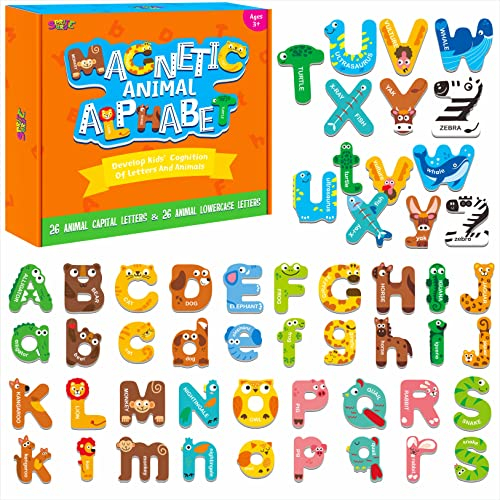 52 magnetische Alphabete, 26 Groß- und 26 Kleinbuchstaben, entzückende Alphabet-ABC-Magnete in Tierform für Kühlschrank, pädagogische Rechtschreib-Lernspiele, Spielzeug-Set für Kinder