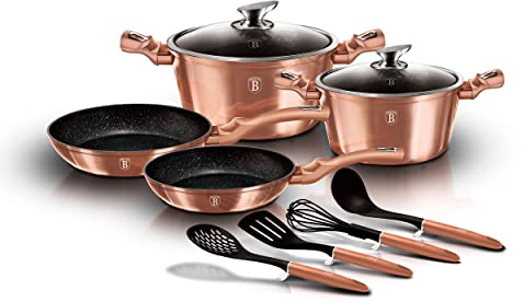 Berlinger Haus Rose Gold Kochtopf Set Induktion 10-Teiliges, Antihaft PFOA-frei Marmor, Aluminium, Set 2 Töpfe, 2 Glasdeckel, 2 Bratpfannen, 4 Küchenutensilien, Design Metallic Line, Glaskeramik