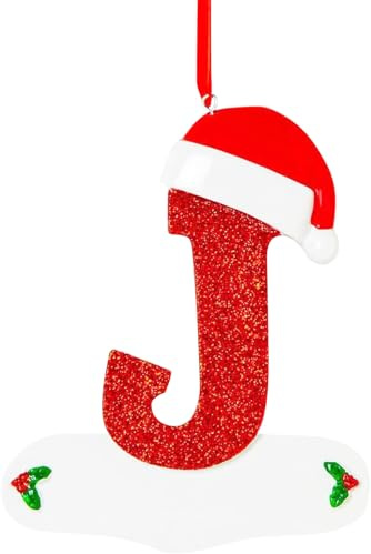 Christmas Initial with Red Hat Christmas Tree Ornaments Personalized DIY Christmas 26 Letters Indoor Ornaments Christmas Decoration Xmas Tree Hanging Decor (J)