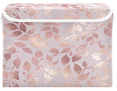 Storage Bins with Lid, Flower Leaves Rose Gold Storage Box Organizer Toys Bedroom Nursery, 16.5x12.6x11.8 Large Collapsible Storage Cube for Home Office Closet Shelf