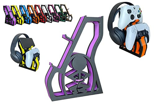 Universal Double Controller and headset desk top stand, fits Xbox, fits Playstation, fits Switch Pro, Gamer Premium Pro Design twin colour (PURPLE AND BLACK)