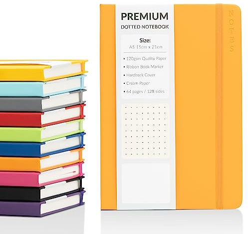 evelay Gepunktetes Notizbuch, A5, gebundenes Einband, mit dickem 120 g/m² Punktrasterpapier und elastischem Verschlussband, 128 cremefarbene Seiten, Orange