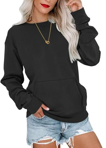 WNEEDU Sweatshirt Damen Rundhalsausschnitt Langarmshirts Herbstoutfits Lässig Bluse Damen mit Känguru Tasche Schwarz 2XL
