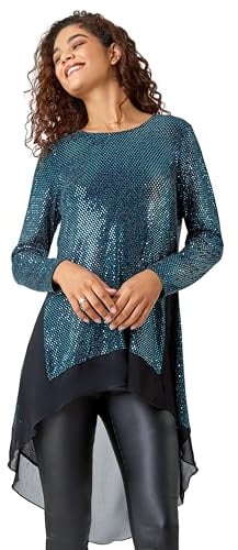 Roman Originals Chiffon Dipped Hem Top Asymmetric Tunic for Women UK Ladies Stretchy Jersey Flared Blouse Smart Fit & Flare Form Casual Loose Longline Party Hanky Tunics - Turquoise Noir - Size 20