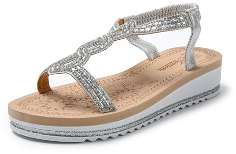 JOMIX Sandalias Mujer Verano con Banda Elástica Sandalias Plataforma Mujer Brillantes Sandalias Mujer Comodas Playa Piscina Mar, Plateado, 38 EU