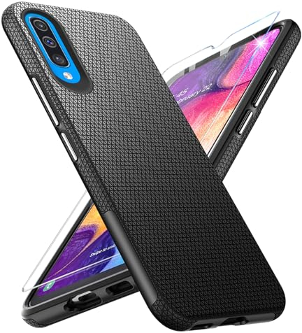 Handyhülle für Samsung Galaxy A50 Hülle mit Schutzfolie, Stoßfest Bumper Kratzfestigkeit rutschfest Schutzhülle Galaxy A50 Schwer Silikon Armor für Samsung A50 Case Cover Tasche (Schwarz)