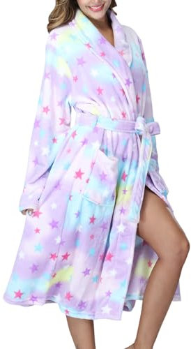 Beokeuioe Fleece-Roben für Frauen mit Schalkragen, Druckmantel Dicker Warmer Bademantel Langer Morgenmantel für Damen, Homewear Bademantel Frottee-Robe Handtuch Poncho