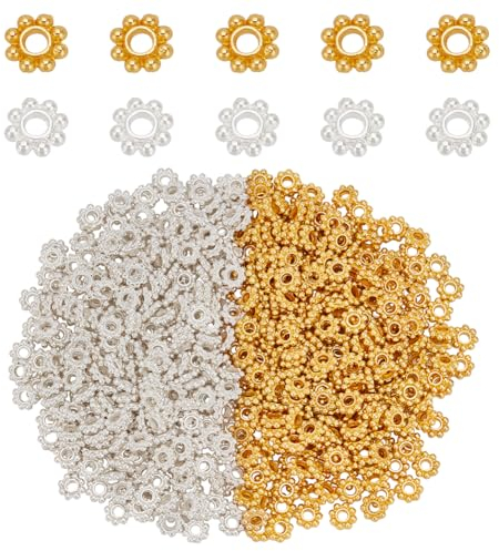 PH PandaHall 500PCS Tibetische Blumen Spacer Perlen, 2 Farben 5mm Legierung Gänseblümchen Perlen Metall Schmuck Spacer für Armband Halskette Ohrring Schmuckherstellung, Gold & Silber