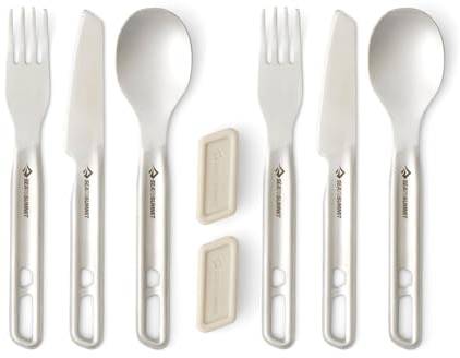 Sea to Summit Detour Ménagère de camping en acier inoxydable pour 2 personnes (2 couteaux, fourchettes, cuillères, avec support en silicone)