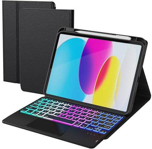 For iPad A16 11th 2025 /10th Generation Case with Keyboard (10.9, 2022) - 3-Zone 7 Color Backlit Detachable Trackpad Tablet Cover - UK Layout Keyboard for iPad 10th 10.9 inch / A16 11th 11 inch Black