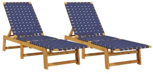 vidaXL Sonnenliegen 2 STK., Sonnenliege mit Gurtdesign, Liegestuhl für Pool Terrasse Garten, Gartenliege Relaxliege Gartenmöbel, Dunkelblau Massivholz Akazie Stoff
