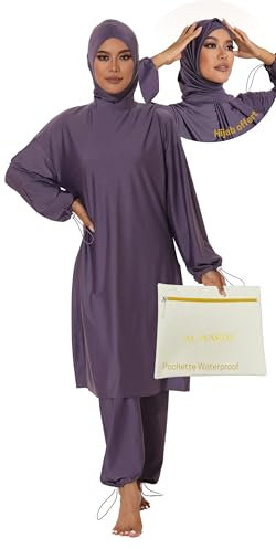 Burkini Femme Musulmane - Maillot de Bain Musulman 100% Opaque et Modeste (FR/ES, Alpha/Lettres, S, Taille Normale, Violet Lavande)