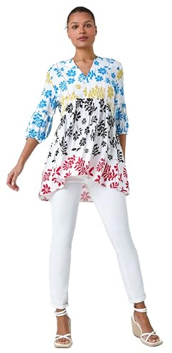Roman Originals Summer Top for Women UK Ladies Swing Tunic A Line Blouse Ladder Trim Shirt Spring Casual Smart Holiday Party Beach Cruise Gathered Waist Loose Work - Multi - Size 12