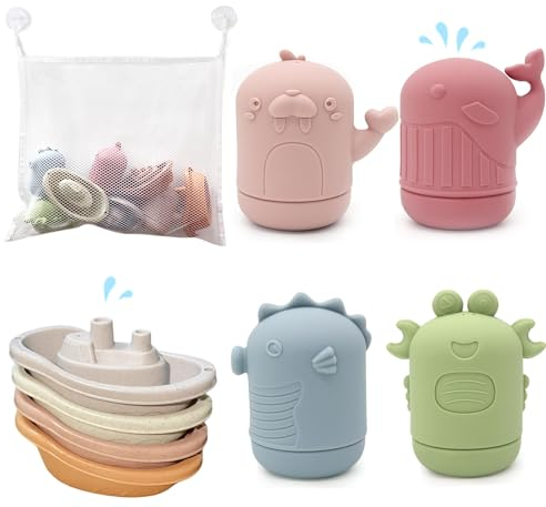 LYNSAN Badewannenspielzeug, 8 Stück Badespielzeug Baby mit Aufbewahrungstasche, Badewanne Spielzeug Boot, Wasserspielzeug Geschenke für Babys Kleinkinder Jungen Mädchen