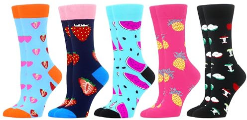 WeciBor Damen Lustige Bunte Socken, 5 Paar Mehrfarbig Obst Motiv, Größe 39-42