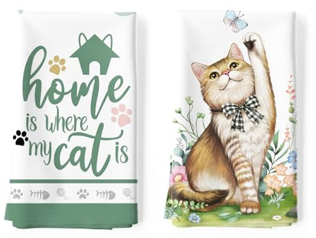 Arquiel 2er Set Geschirrtücher Katze Küchentücher Frühjahr Blätter Dekorative 100% Baumwolle, 48 x 70 cm, Trockentücher Saugstarke Geschenk, Küche Dekoration