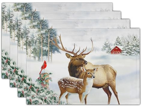 Giwawa Tischsets mit Winter-Hirschen, 30,5 x 45,7 cm, Weihnachts-Rentiere, Elch, Elch, Platzset, Weihnachtsbäume, Schnee, Wildtiere, Tischsets, waschbar, schmutzabweisend, für Küche, Esszimmer,