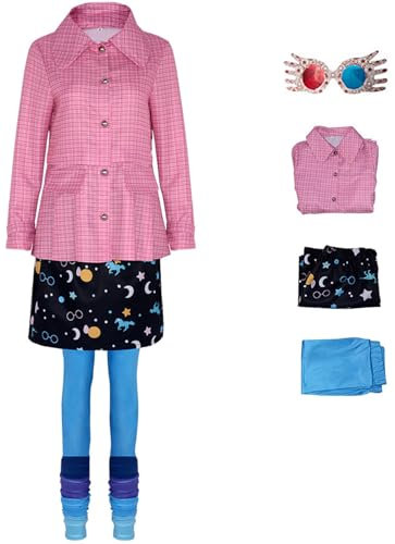 Windskids Luna Kostüm mit Brillen Damen Cosplay Zauberschule Wizard Luna Lovegood Uniform Top und Rock Hose Anzug 4 Stück für Halloween Karneval Geburtstag Party Maskerade Performance Verkleidung
