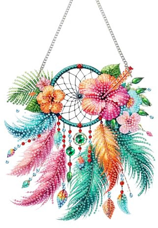 CXINLky DIY Diamond Art Painting Anhänger mit Kette, Frühling Diamant Painting Fensterbilder, Kreativ Diamond Malerei Wandbehang Kits für Fenster Wand Eingang Garten Decor-11-Feder-Anhänger