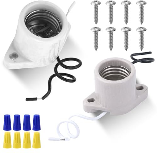 BTFO 4pcs Douille Lampe Porcelaine, Base Moyenne E26 Douille d'ampoule avec Cordon 15cm et Bride À Deux Trous Support D'éclairage Céramique 660W 600V pour Intérieur Garage Éclairage Placard