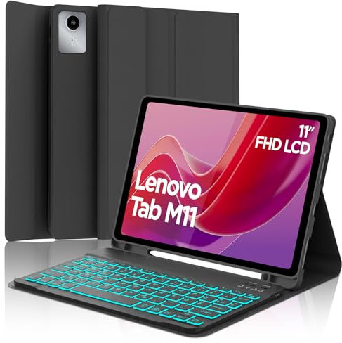SENGBIRCH Hülle mit Tastatur für Lenovo tab M11 11 Zoll 2024 (TB330FU/TB330XU) - QWERTZ Deutsche 7 Farben Beleuchtete Abnehmbare Bluetooth Wireless Tastatur für Lenovo tab M11 2024, Schwarz