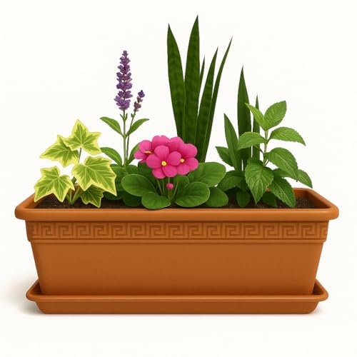 TECHZOCO Jardinera de plástico con Plato, Macetero para Jardín, Fabricado en Polipropileno, Incluye Plato, Apto para Interior/Exterior, 40 cm Largo x 15 cm Alto x 18 cm Fondo, Terracota