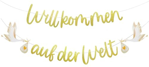 Willkommen auf der Welt Girlande - Herzlich Willkommen Girlande zur Geburt Junge & Mädchen, mit Storch Geburt Design und 2Stk 2 m Juteseil,Willkommen Zuhause Banner (Gold)