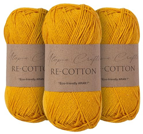 Utopia Crafts Re-Cotton Knitting Yarn, 3x 100g (Yellow Orange)