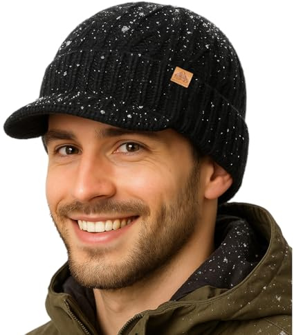 TOP-EX DryKnit™ Schwarz wasserdichte 80% Merino-Wollmix Strickmütze mit Schirm Fleece Gefüttert Wintermütze Herren Damen Große Köpfe Outdoor Wandern Kaltes Wetter M/L